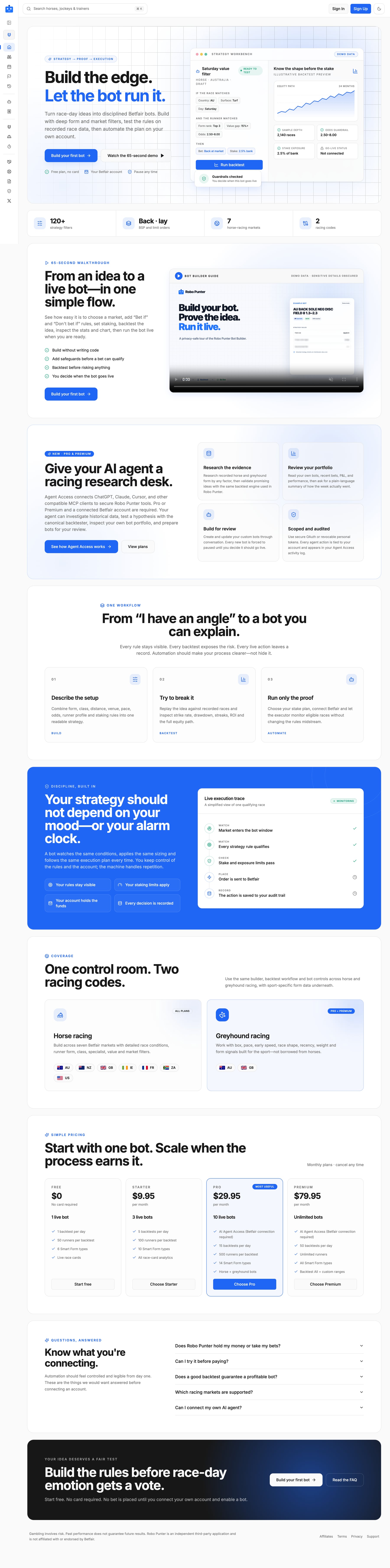 Robo Punter homepage from top to bottom, desktop view